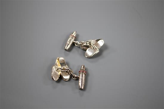 A pair of modern Asprey & Co silver and red enamel cufflinks, modelled as a pair of slippers, engraved with the letter A
